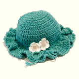Newborn Baby Hand Crocheted Sun Hat - Teal with Flowers