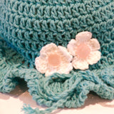 Newborn Baby Hand Crocheted Sun Hat - Teal with Flowers