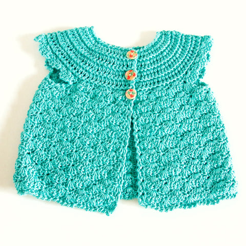 Size 000 Baby Girls Crocheted Cap Sleeve Cardigan - Teal Hearts