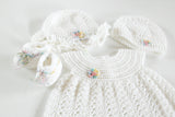 Size 000 Baby Girls Crocheted Layette Dress Sun Hat Beanie Booties - White