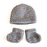 Newborn Baby Hand Crocheted Baby Beanie and Booties - Grey